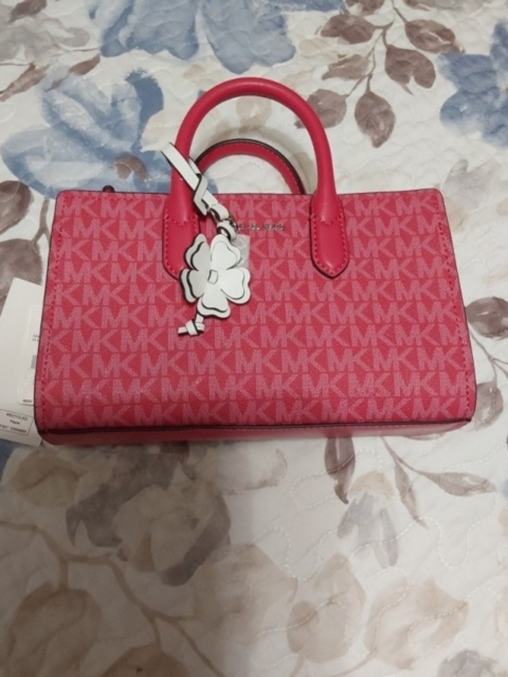 NWT Michael Kors Pink Signature MK Logo Satchel with Flower Charm